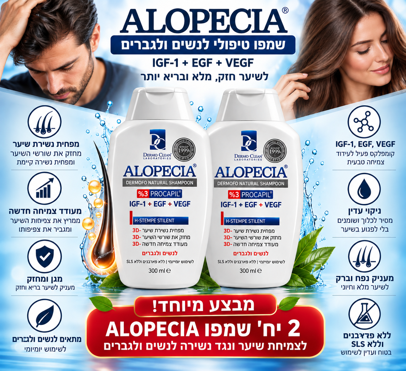2 יח' שמפו ALOPECIA IGF-1- לשיער דליל ונגד נשירה לנשים וגברים